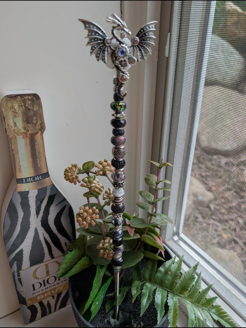 Hand Made Fairy Wand/Plant/Garden Stake W/Metal Dragon Topper